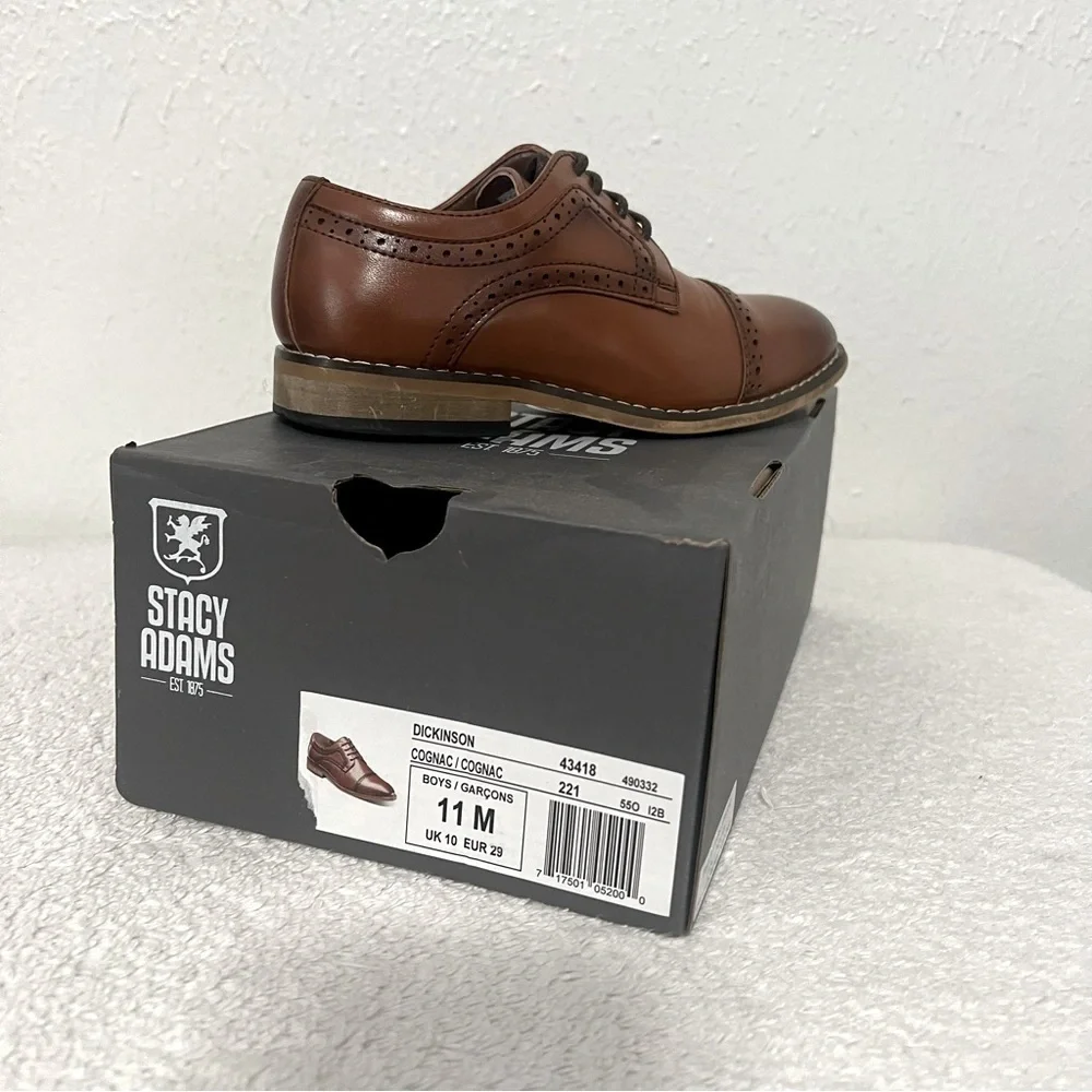 Stacy Adams Dickinson Kids Boys Size 11 M Oxford Cap Toe Cognac Dress Shoes EUC
